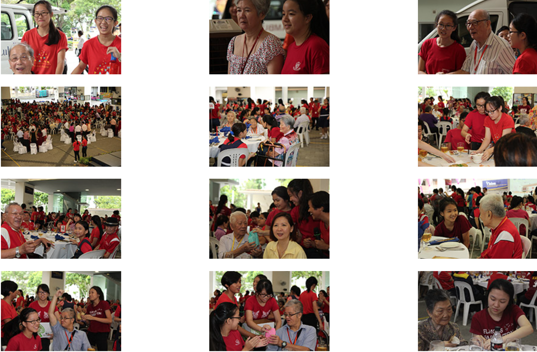 A collage of photos showing young volunteers in red shirts interacting with elderly people at a community event.